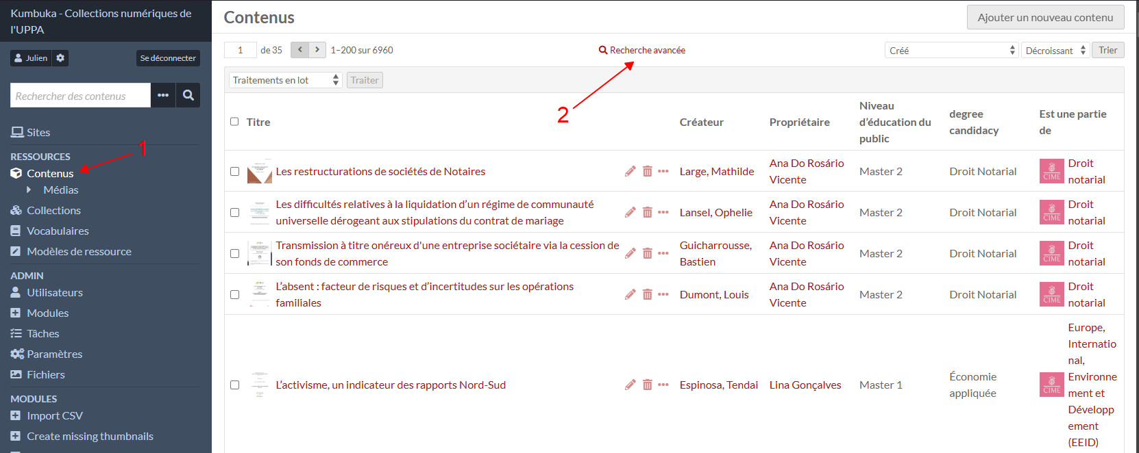1. Cliquer sur Contenus 2. Cliquer sur Recherche avancée